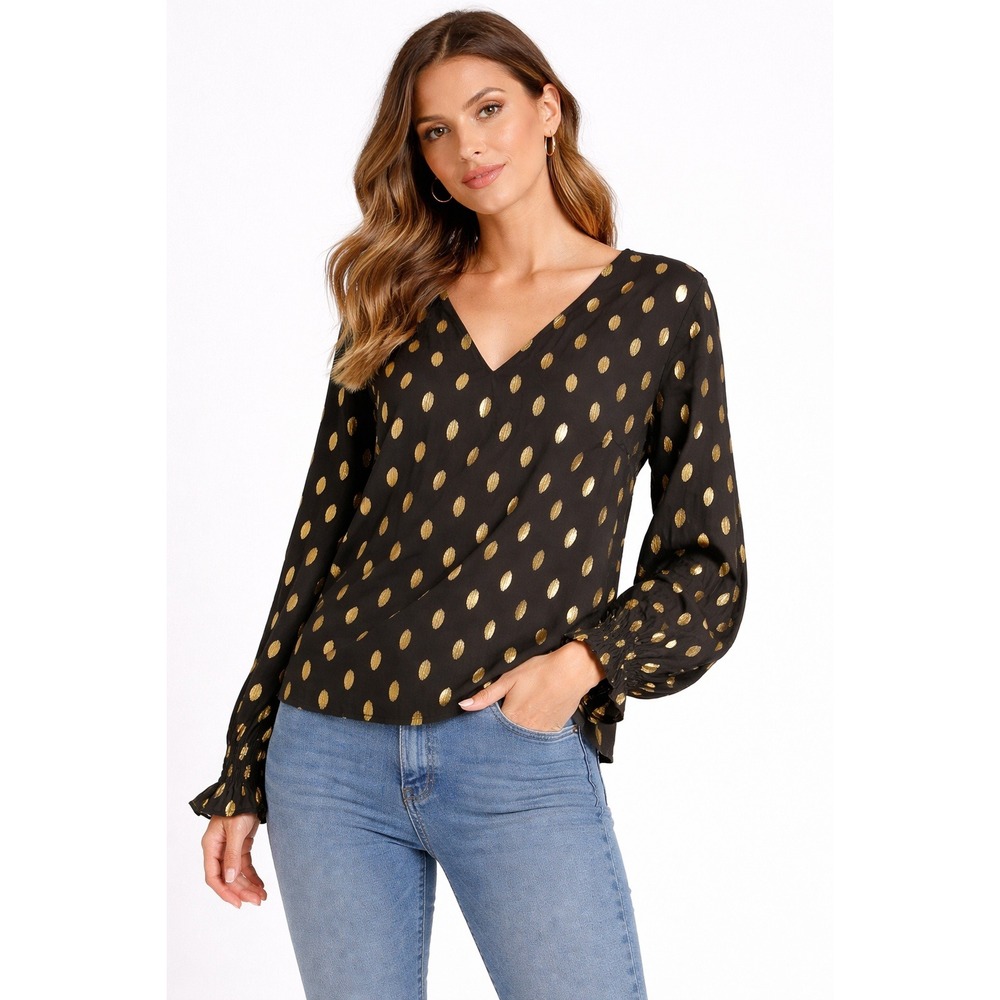 Black‎ Gold Metallic Polka Dot Blouse Lace Back Glam Holiday Party Romantic XL